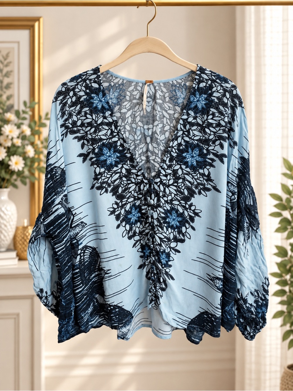 Free People Birds of a Feather Blue Floral Bird Print Blouse Small